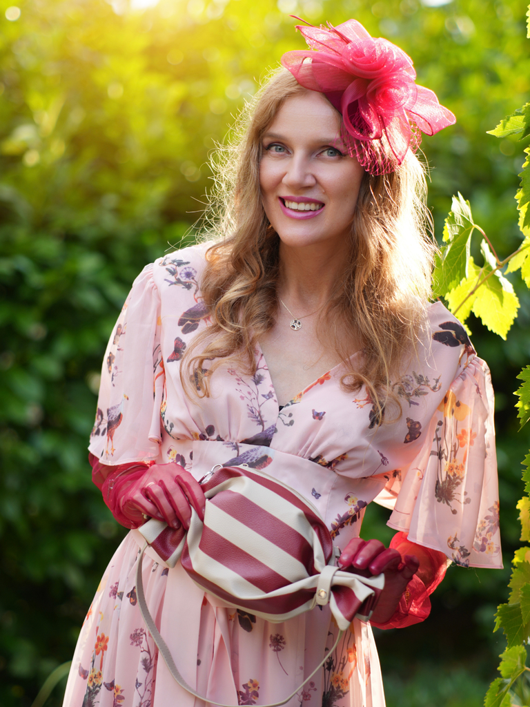 Pink Flowers And Birds Bowknot V-Neck Dress