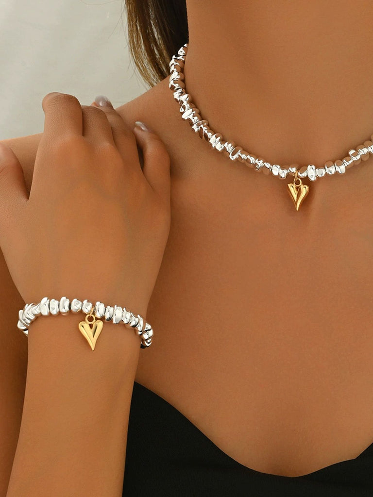 Gold Heart Pendant Necklace & Bracelet Set
