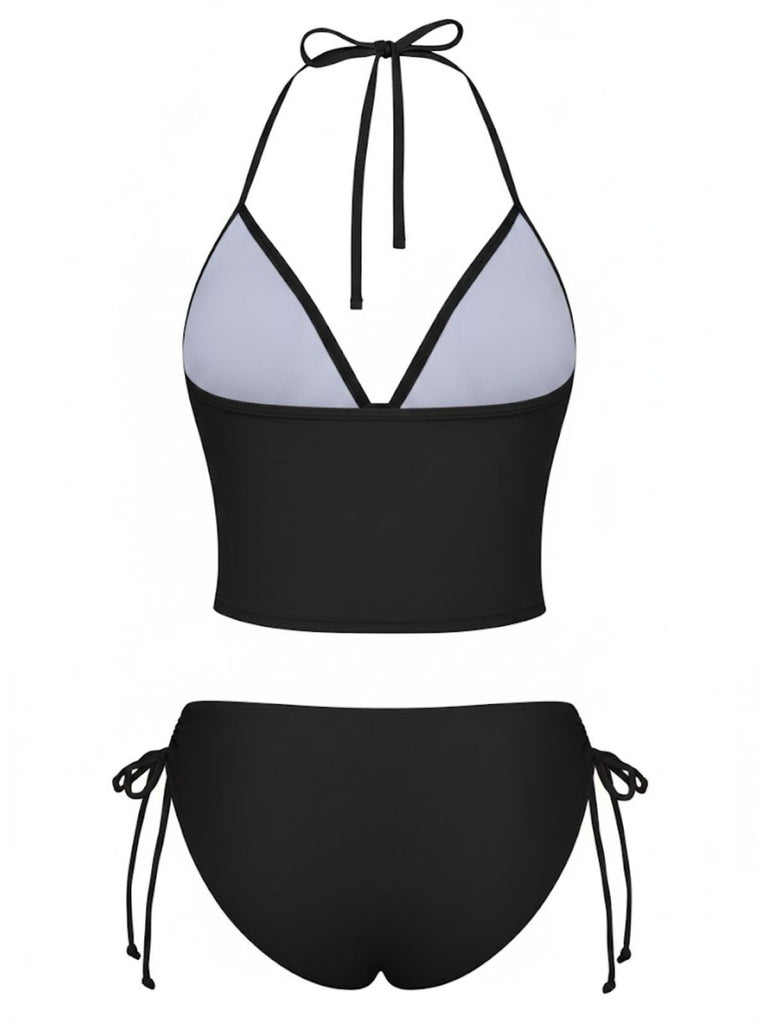 1950s Embroidered Handmade Floral High Waist Bikini Set