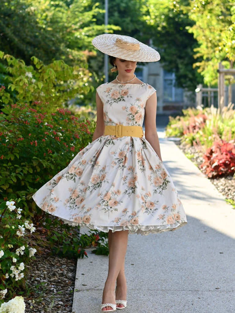 Yellow 1950s Boat Neck Antique Floral Dress