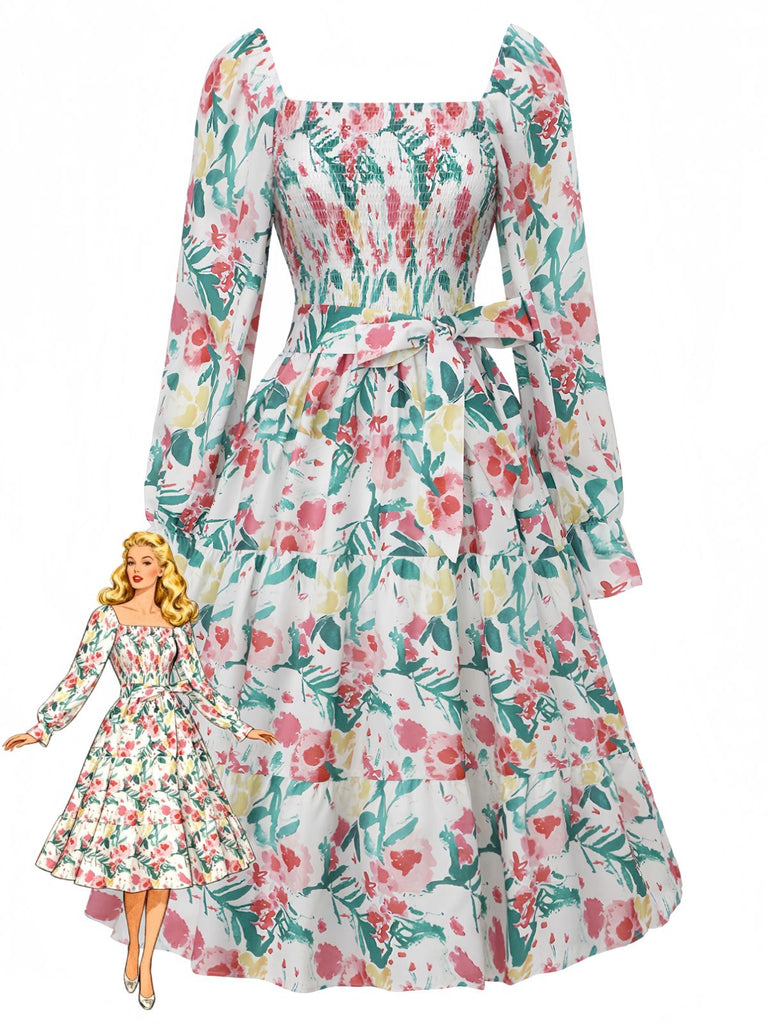 1940s Floral Lace-Up Square Neck Bell Sleeve Dress