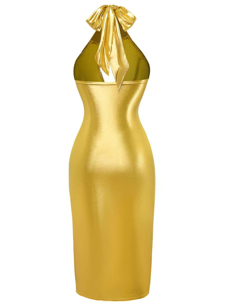 1960s Metallic Halter Keyhole Bodycon Dress