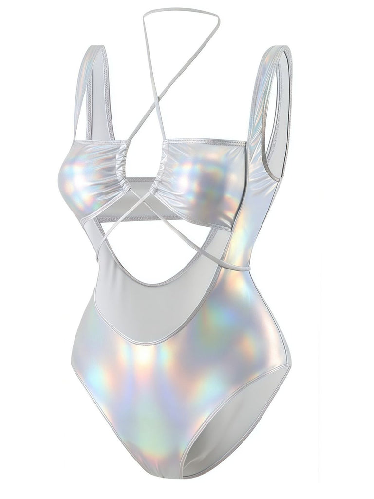 1970s Halter Cut-Out Metallic One-Piece Swimsuit