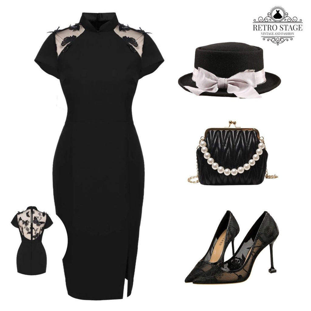 [US Warehouse] Black 1960s Butterfly Backless Pencil Dress