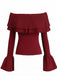 Wine Red 1960s Off-Shoulder Flare-Sleeve Knitted Top