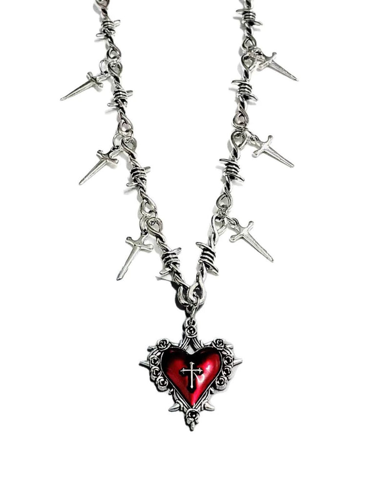 Vintage Wine Red Heart Cross Necklace