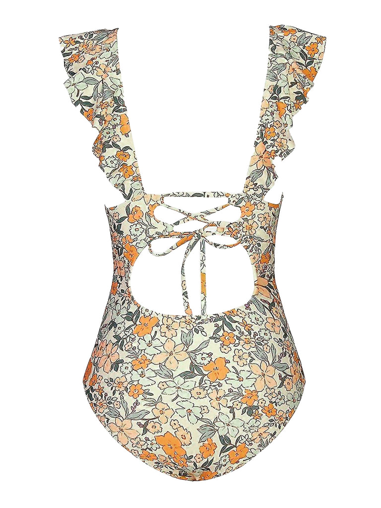Multicolor 1950s Floral Ruffled Back Cut-Out Swimsuit