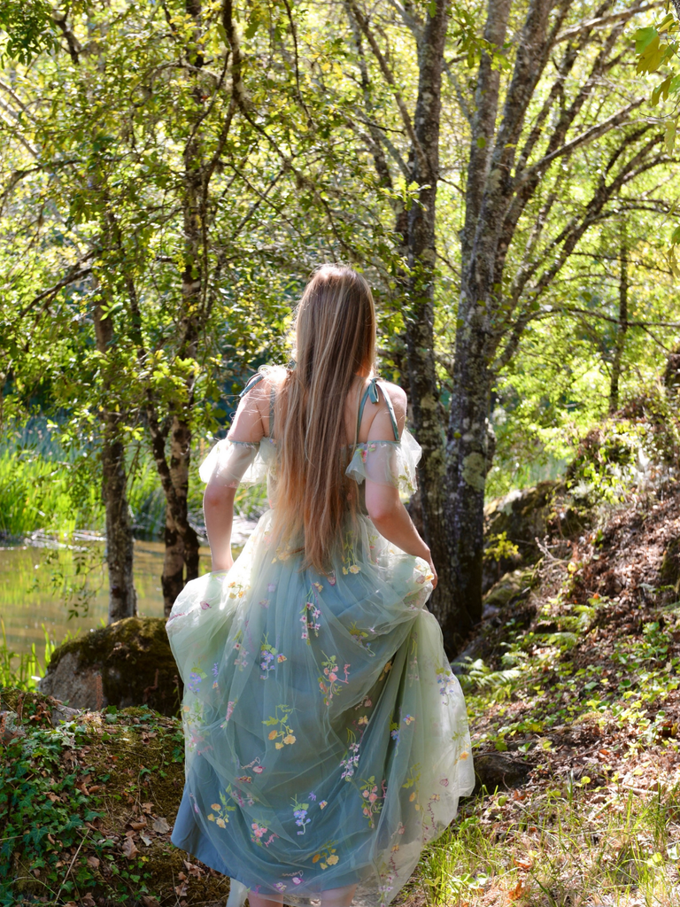 1970s Slip Floral Embroidered Mesh Slit Dress