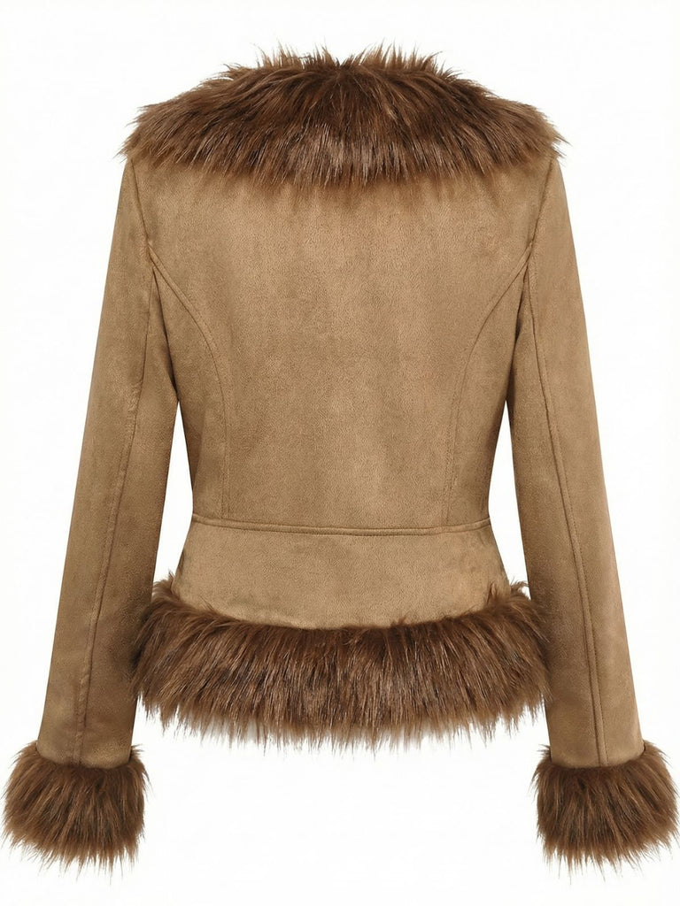 1970s Faux Suede Fur Trim Embroidered Rose Jacket