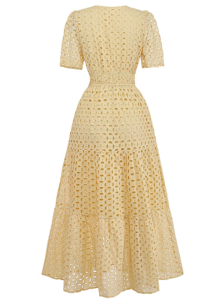 Yellow 1940s Eyelet Lace V-neck Tiered Maxi Dress