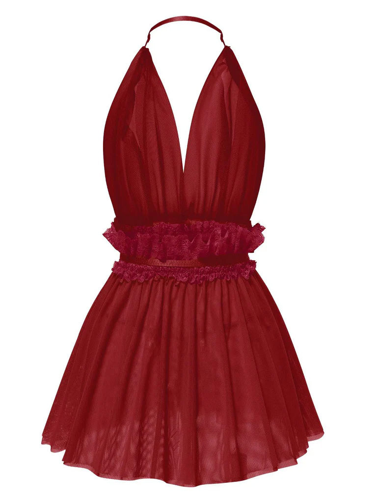 1950s Lace Mesh Deep V-Neck Halter Nightgown