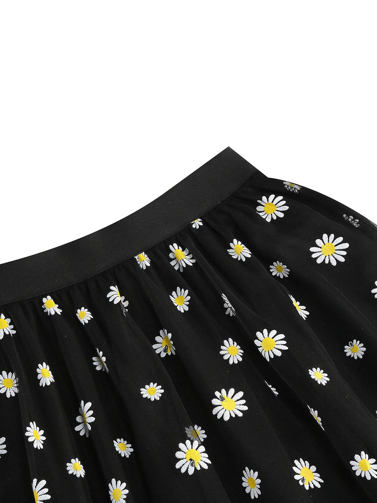 1940s Daisy Mesh High Waist A-Line Skirt