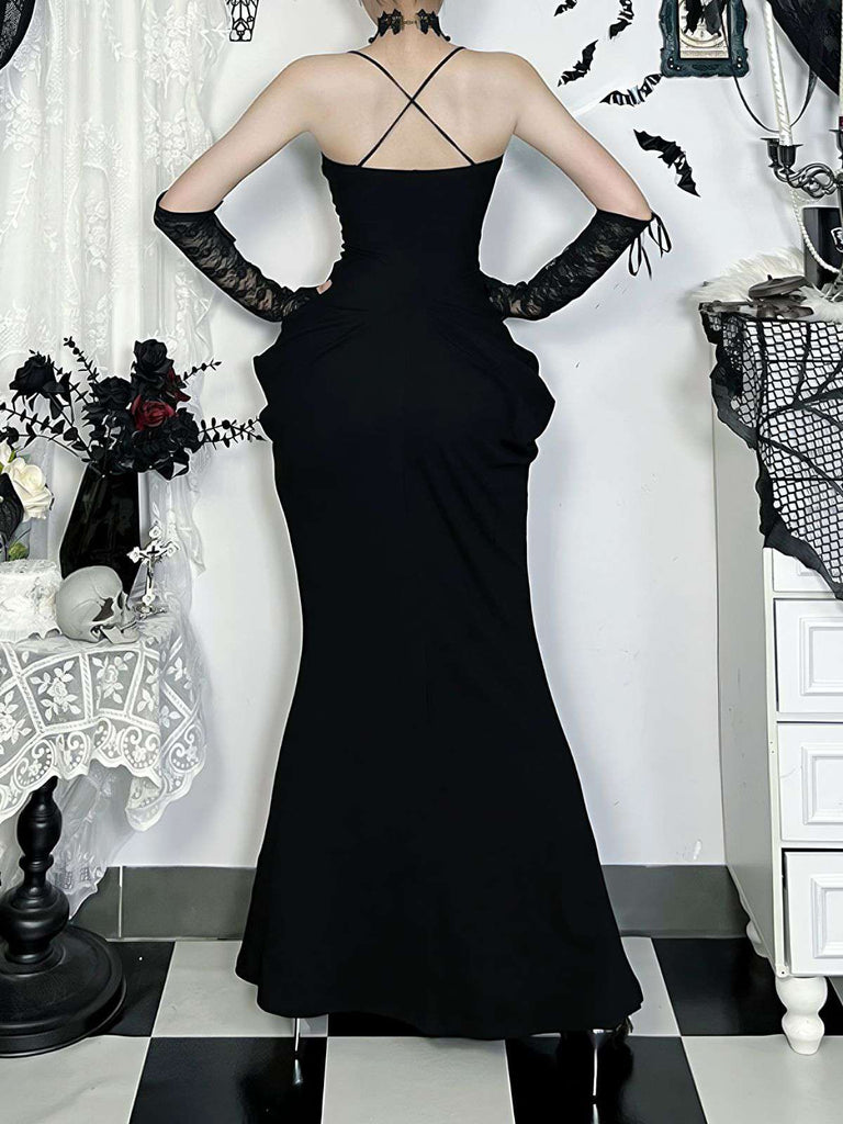 Black 1930s Lace Trimmed Halter Maxi Dress
