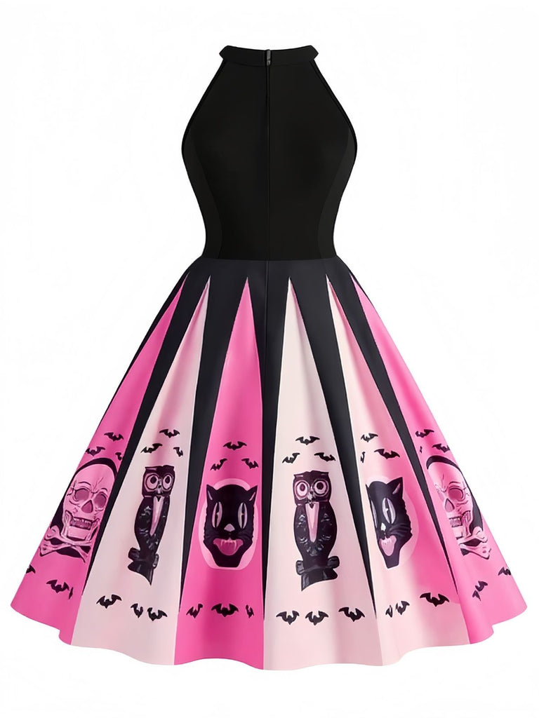 [Pre-Sale] Black&Pink 1950s Halloween Spooky Print Swing Dress
