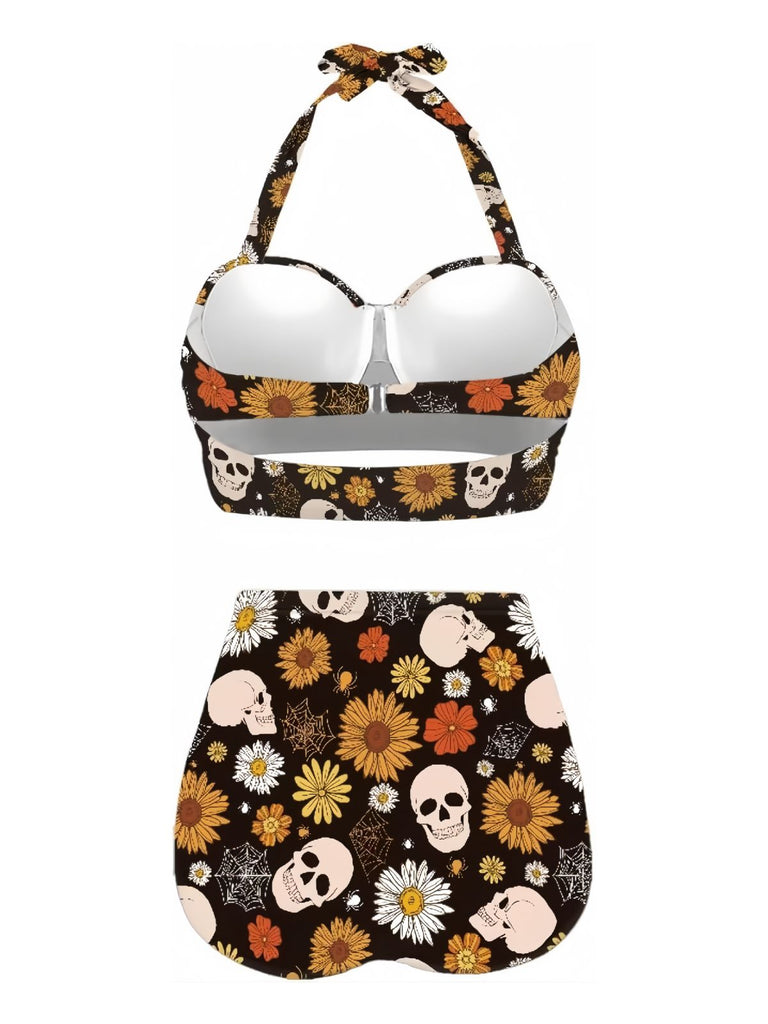 Black 1950s Floral Print Lace-Up Halter Swimsuit