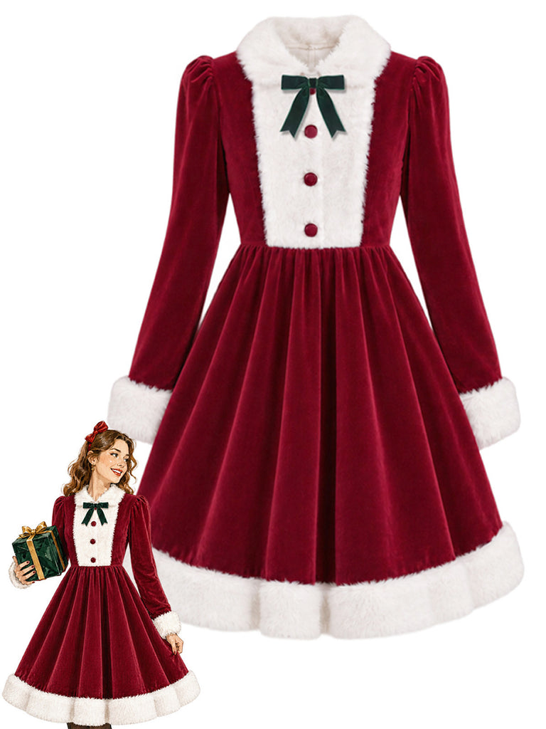 [Pre-Sale] Red & White 1950s Christmas Velvet Fur Trim Bow Dress
