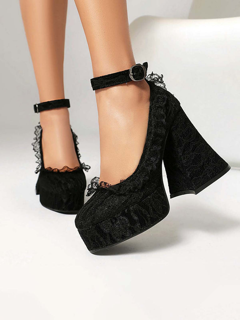 Halloween Floral Lace Punk Chunky Heels
