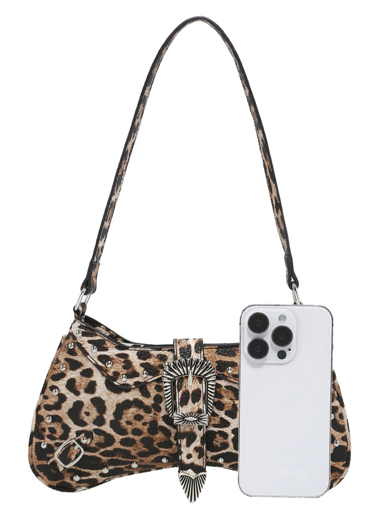 Vintage Leopard Studded Shoulder Bag
