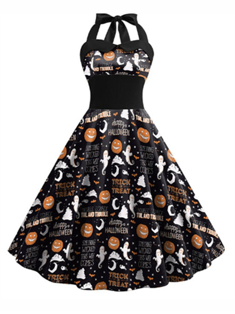 Black 1950s Halloween Pumpkin Spooky Halter Dress