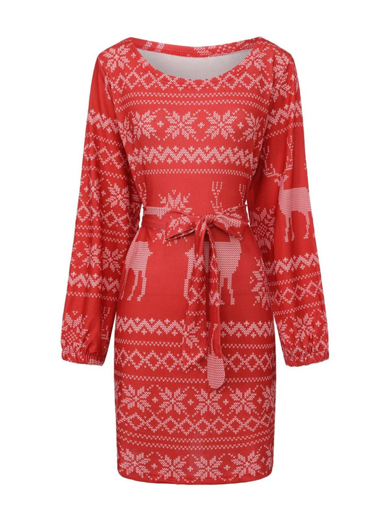 Red 1960s Christmas Reindeer Snowflake Belted Dress