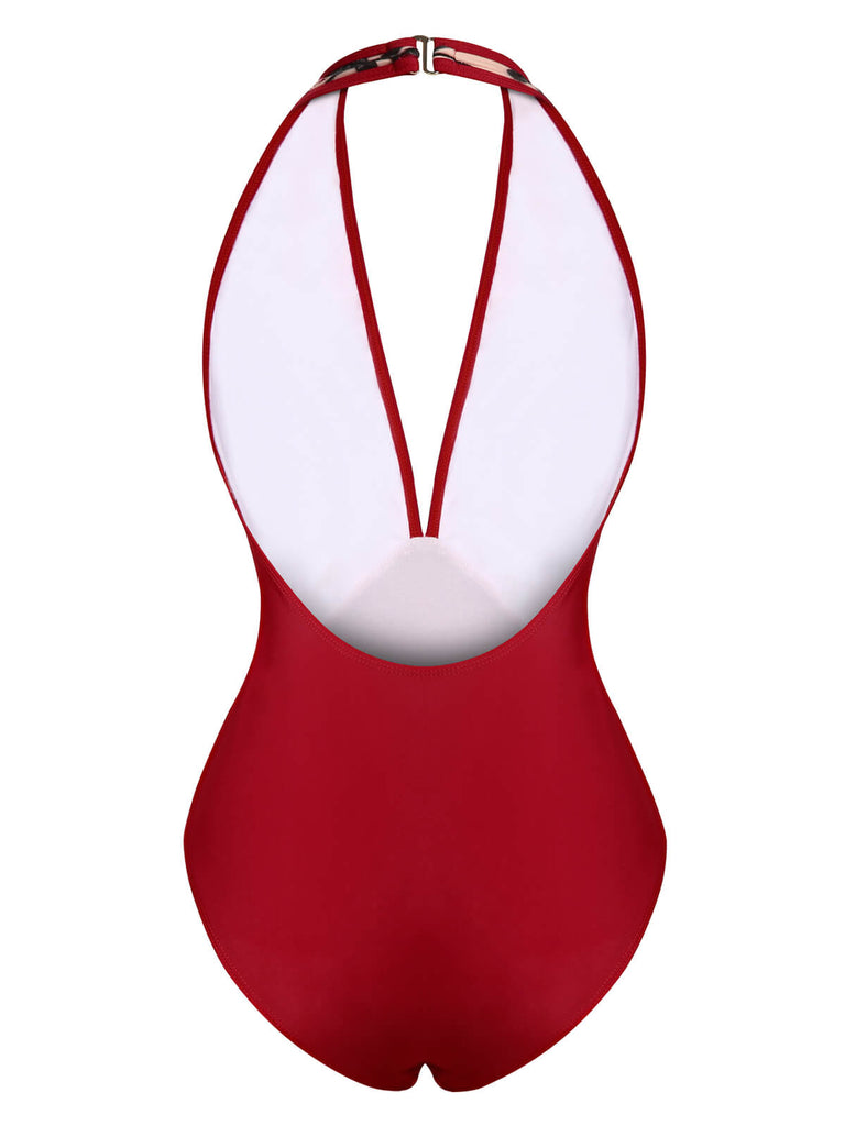 [US Warehouse] Wine Red 1950s Floral Backless Swimsuit