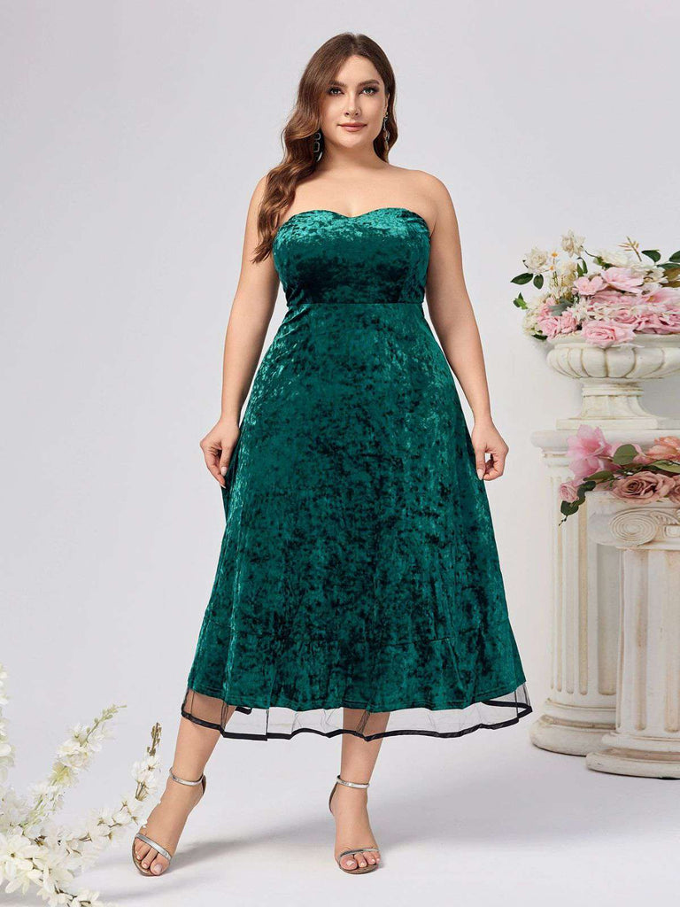 [Plus Size] 2PCS Green 1940s Velvet Sweetheart Mesh Dress & Coat