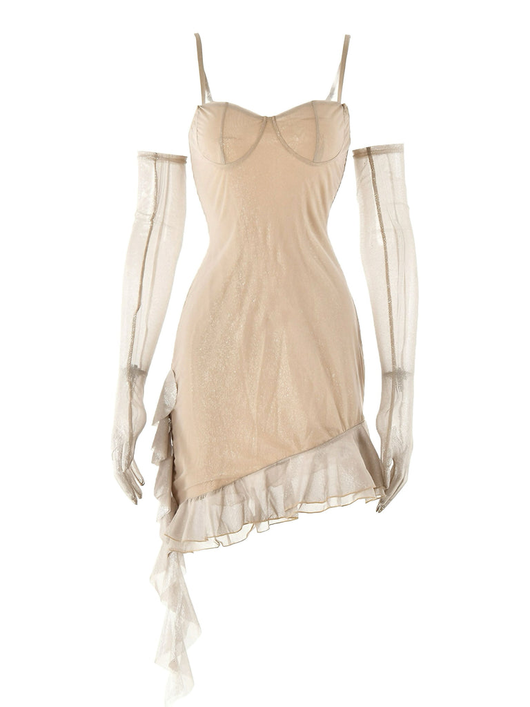 1980s Glitter Ruffled Spaghetti Strap Bodycon Dress