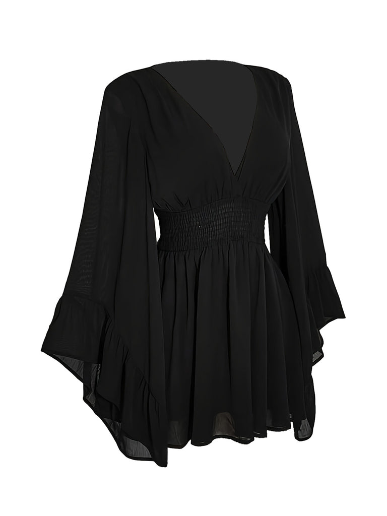 [Plus Size] Black 1980s Solid V-Neck Flare Dress