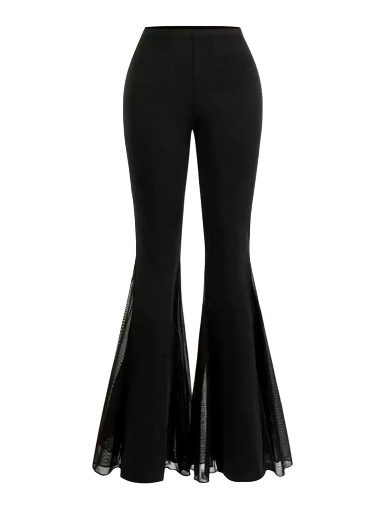 [Plus Size] Black 1930s High-Waist Mesh Panels Flare Pants