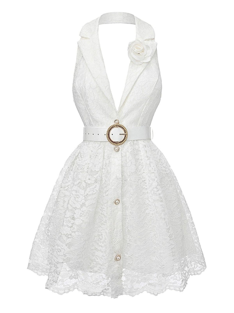 White 1950s Deep V Lace 3D Rose Halter Lapel Dress
