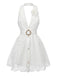 White 1950s Deep V Lace 3D Rose Halter Lapel Dress