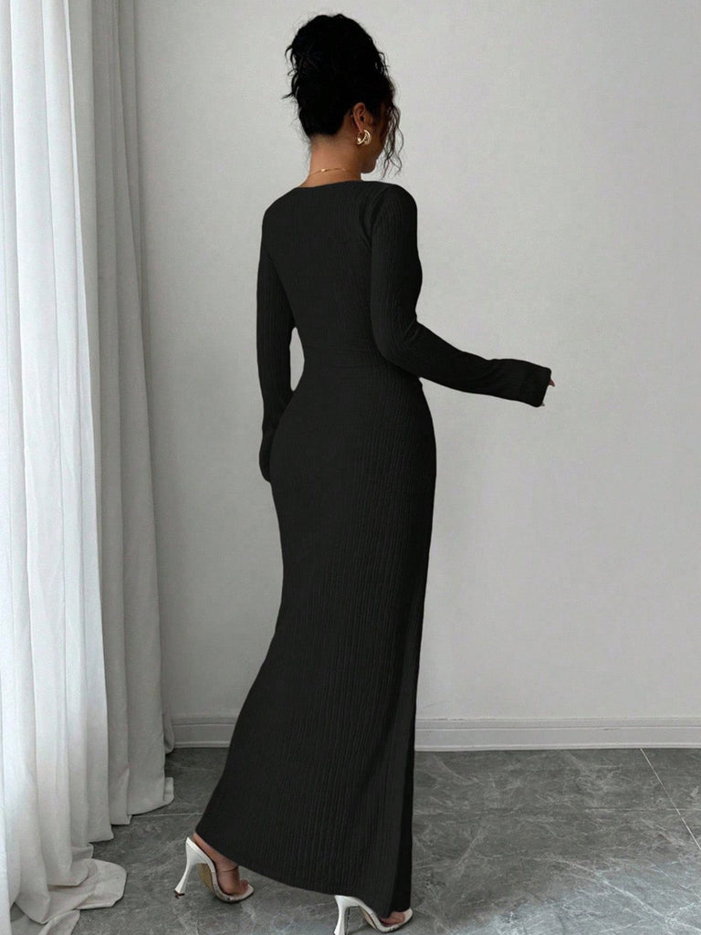 Beige 1930s Ribbed Long Sleeve Split Dress