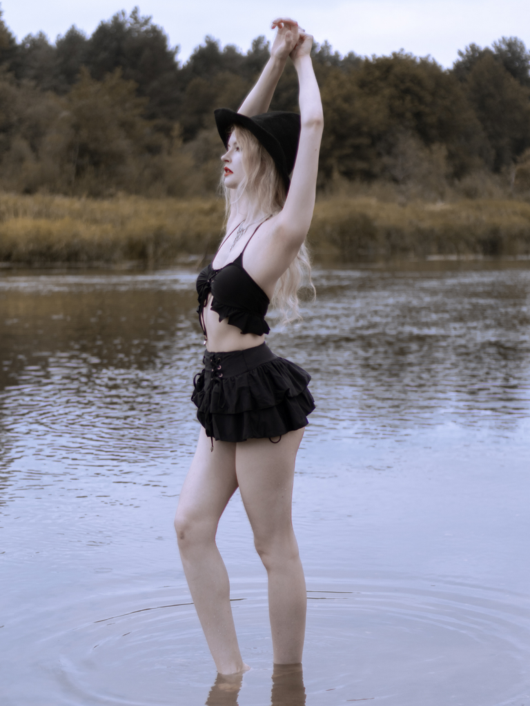 Black 1950s Halter Lace Up Bikini Set & Tiered Cover Up