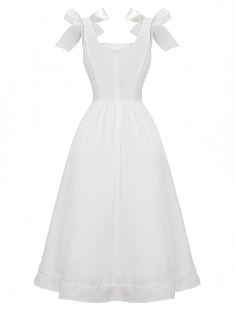 White 1940s Solid Lace-Up Button Dress