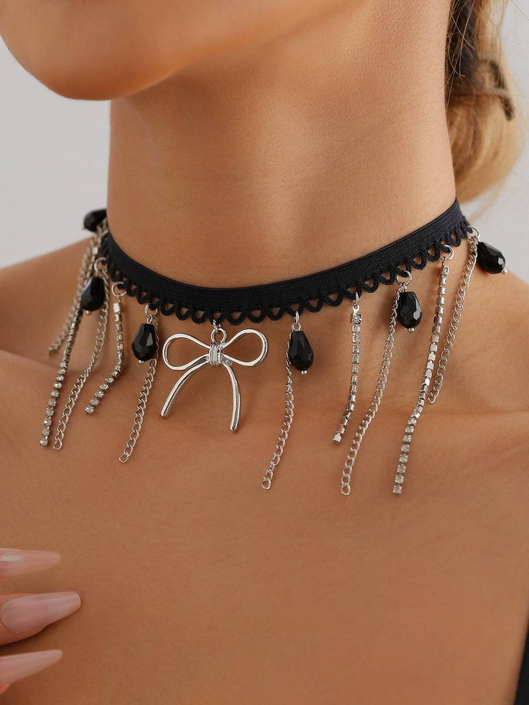 Vintage Gothic Chain Gemstone Bow Necklace
