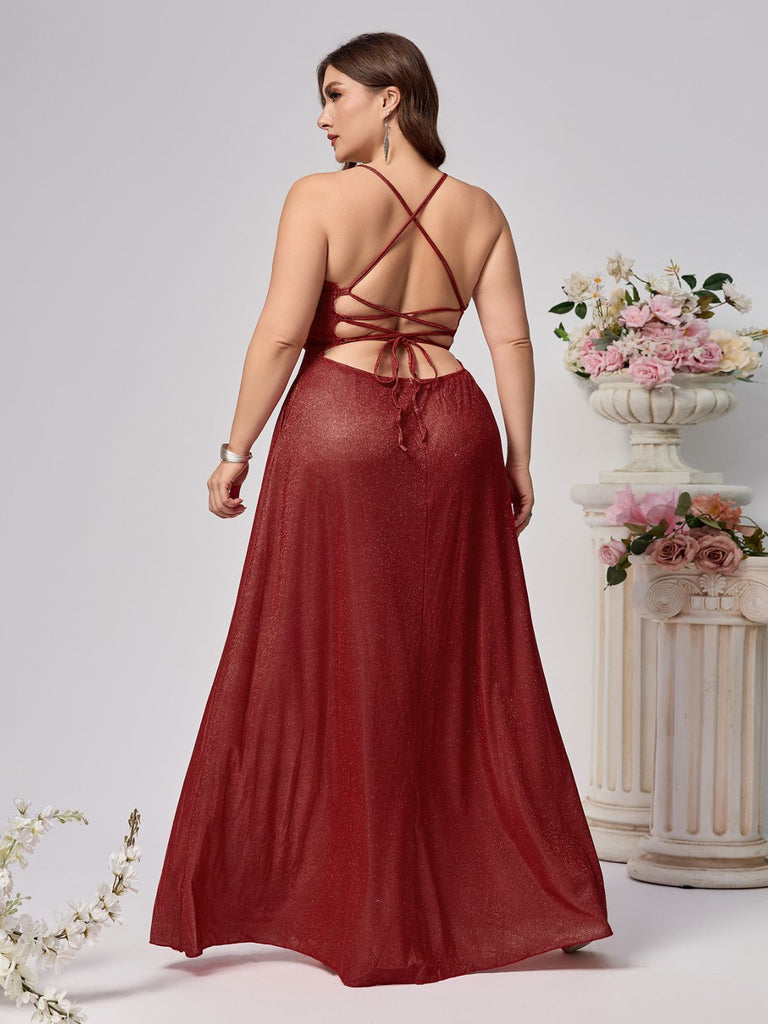 [Plus Size] Burgundy Glitter Spaghetti Strap Backless Maxi Dress