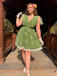 Green 1950s Floral Puff Sleeve Mesh Embroidered Dress