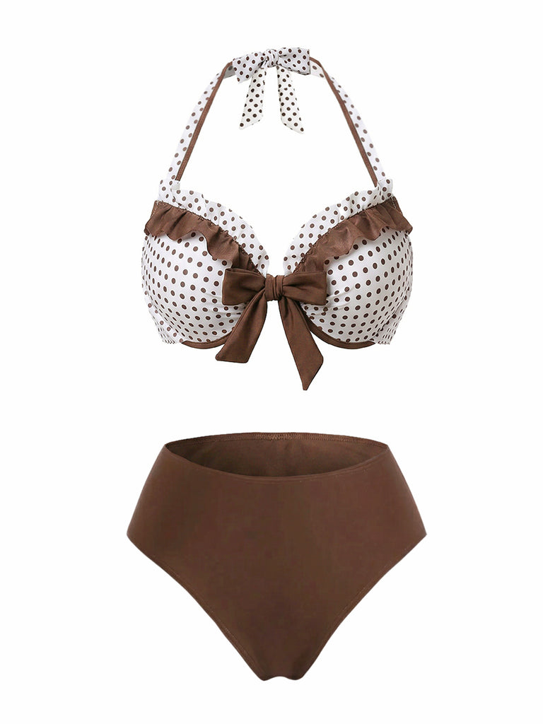 [Pre-Sale] 3PCS Brown 1970s Polka Dot Ruffle Halter Swimsuit Set
