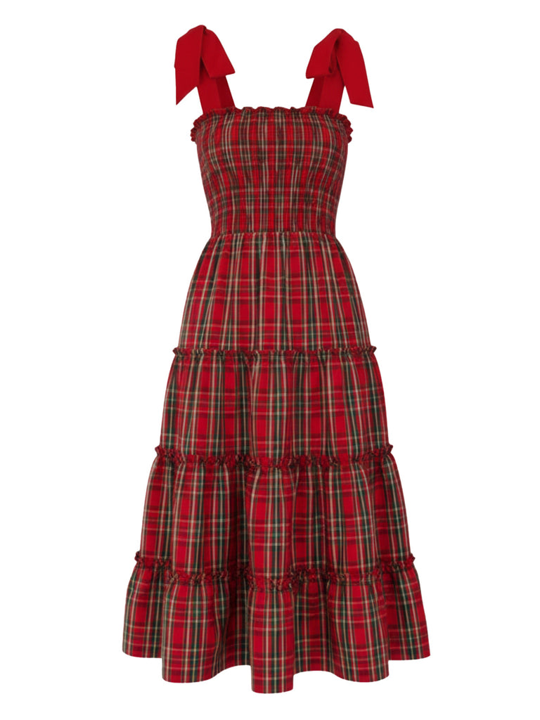 Red 1940s Christmas Plaid Lace-Up Dress