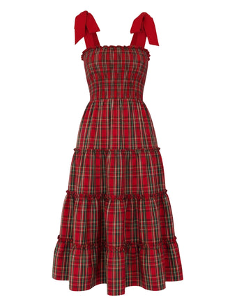 Red 1940s Christmas Plaid Lace-Up Dress