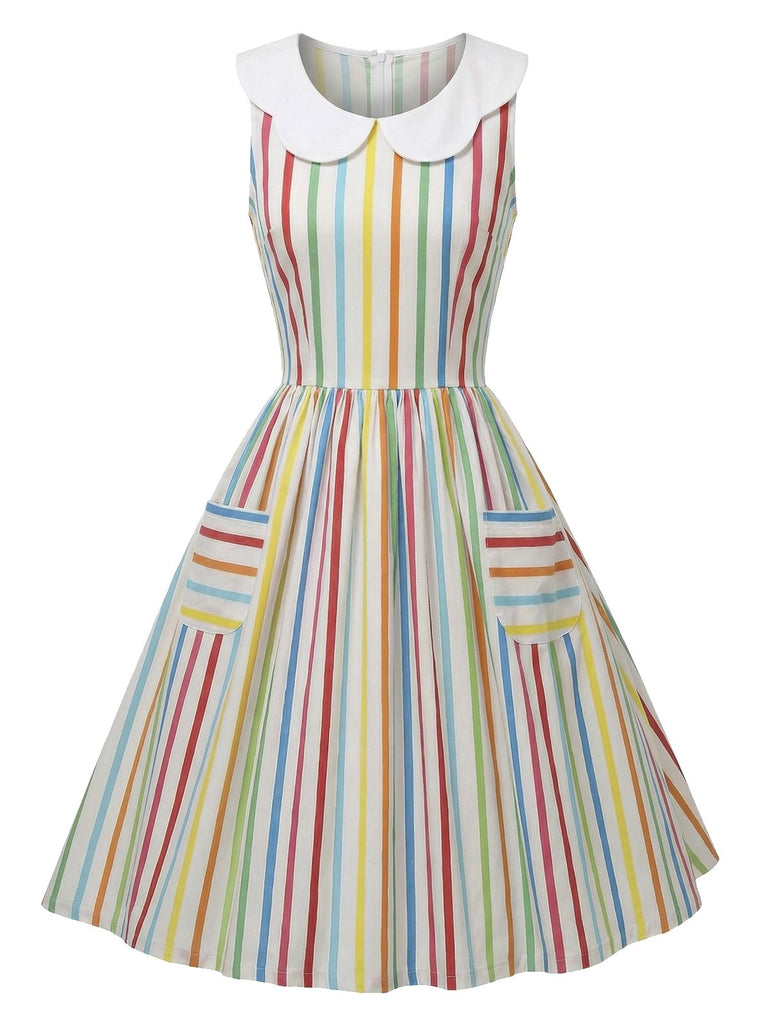 [Pre-Sale] 1960s Rainbow Stripe Peter-Pan Collar Sleeveless Dress