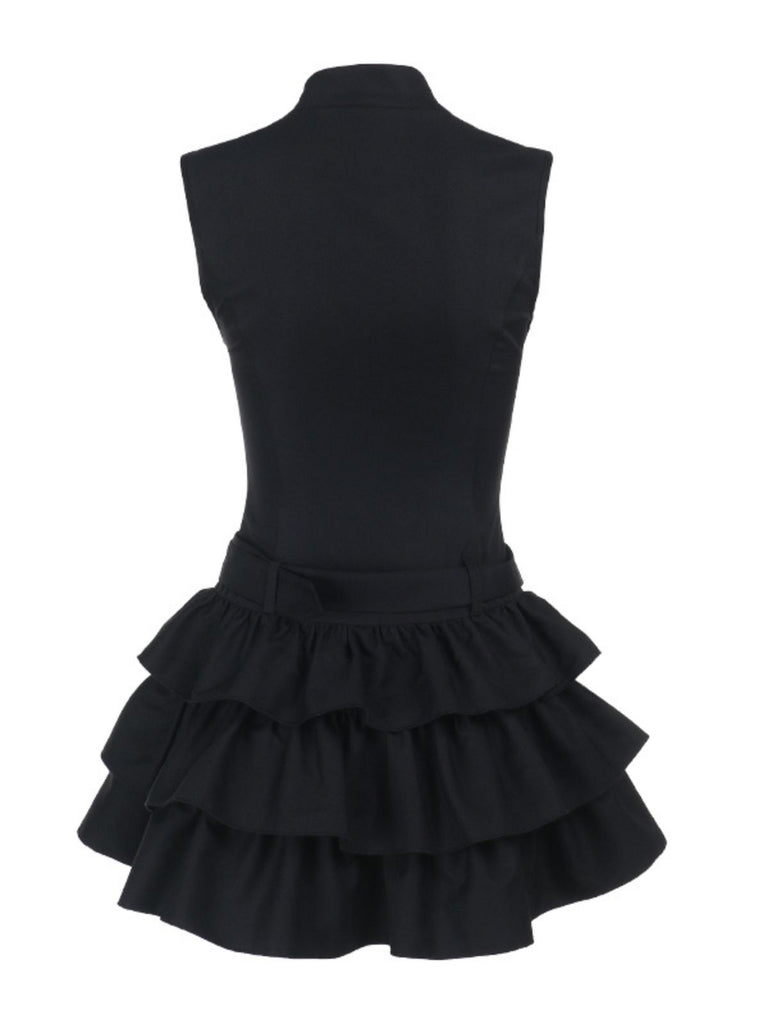 Black 1980s Steampunk Solid Zipper Belted Dress