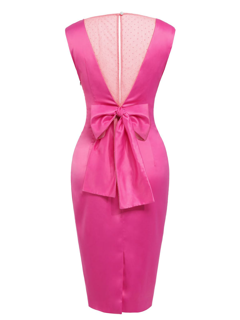 [US Warehouse] Rose Red 1960s Satin Solid Pencil Dress