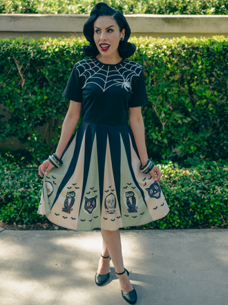 1950s Halloween Spider Web Print Patchwork Dress