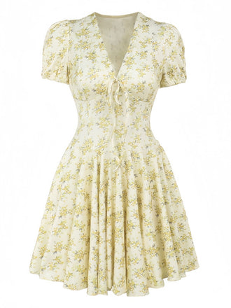 Yellow 1960s Floral Puff Sleeves V-Neck Dress