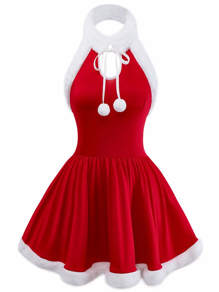 Red 1950s Solid Raw Hem Christmas Sleepwear