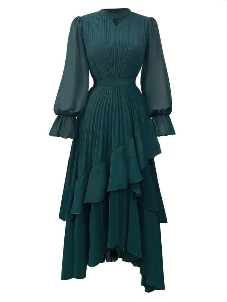 Green 1950s Solid Ruffled Hem Pleated Dress