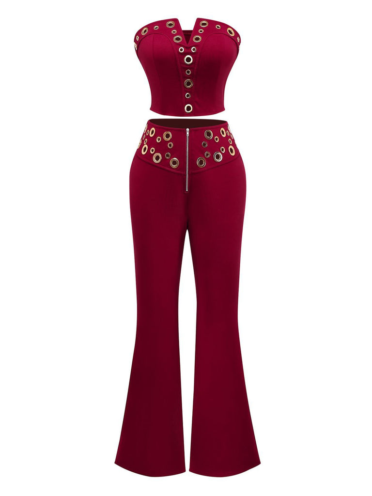 2PCS 1970s Strapless Metal Buckle Punk Top & Pants