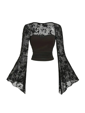 1980s Gothic Lace Mesh Bell Sleeve Top