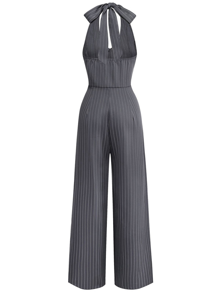 1940s V-Neck Halter Buttoned Pinstripe Jumpsuit